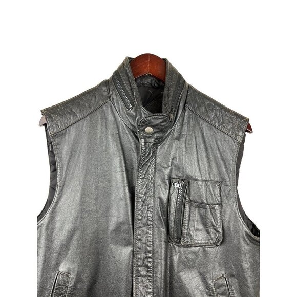 Porsha Black Leather Biker Vest Bomber Men's Size 42 Pockets - Picture 3 of 9